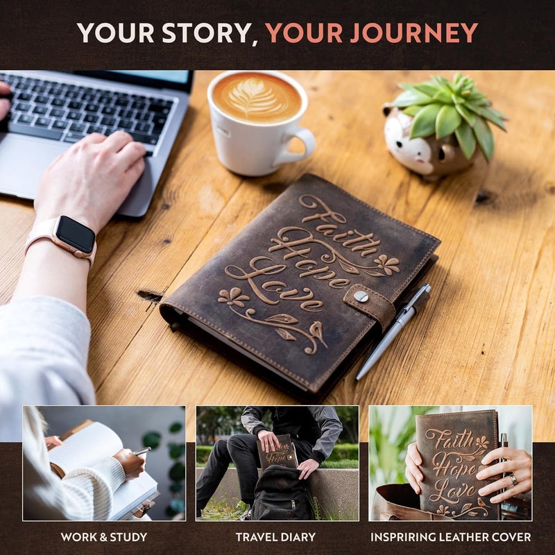 Moonster دفتر جلد قابل للتجديد - دفتر جلد يدوي الصنع بتصميم عتيق للنساء والرجال، دفتر جلد كلاسيكي مع قلم للكتابة، السفر، ملاحظات الكتاب المقدس - دفتر ملاحظات فاخر - Image 5